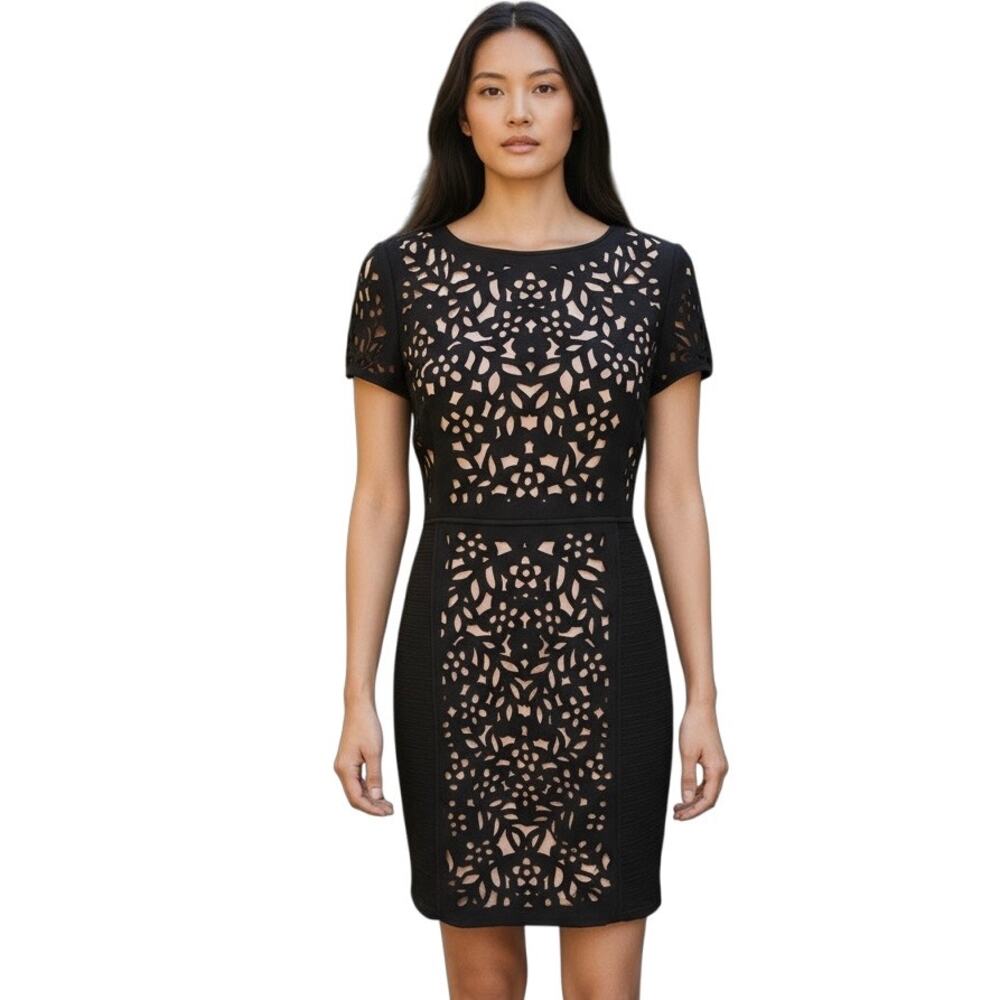 Maeve Black Dress 6P Anthropologie Basalt Laser Cutouts Eyelet Versatile